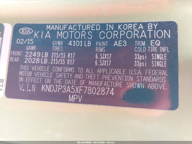 44759649 :رقم المزاد ، KNDJP3A5XF7802874 vin ، 2015 Kia Soul + مزاد بيع