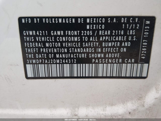 2013 Volkswagen Jetta 2.5l Se მანქანა იყიდება აუქციონზე, vin: 3VWDP7AJ2DM244312, აუქციონის ნომერი: 44759655