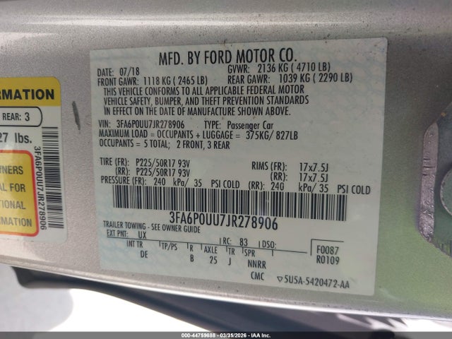 3FA6P0UU7JR278906 Ford Fusion Hybrid S