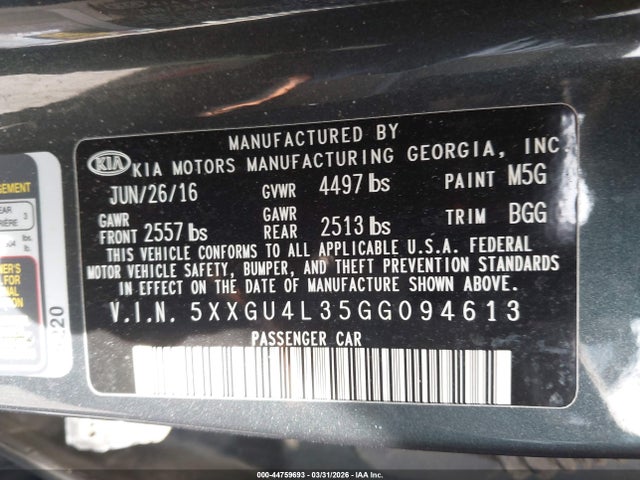 44759693 :رقم المزاد ، 5XXGU4L35GG094613 vin ، 2016 Kia Optima Ex مزاد بيع