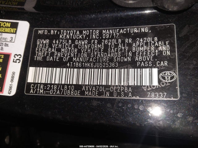 44759698 :رقم المزاد ، 4T1B61HK6JU525363 vin ، 2018 Toyota Camry Xse مزاد بيع