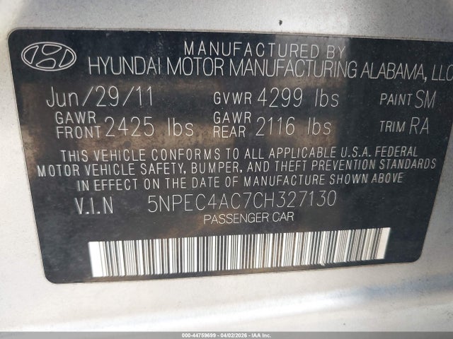 Продаж на аукціоні авто 2012 Hyundai Sonata Se, vin: 5NPEC4AC7CH327130, номер лоту: 44759699