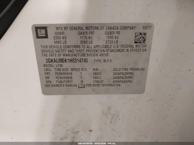 Aukcja sprzedaży 2017 Gmc Terrain Sle-1, vin: 2GKALMEK1H6314745, numer aukcji: 44759705