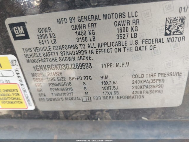 44759702 :رقم المزاد ، 1GNKRGKD3GJ269693 vin ، 2016 Chevrolet Traverse 1lt مزاد بيع