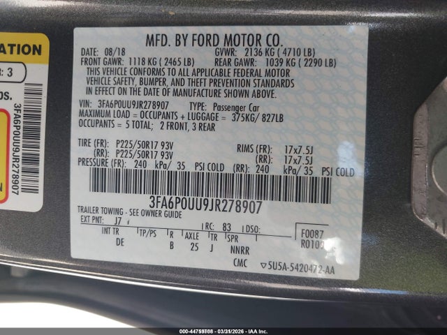 2018 Ford Fusion Hybrid S მანქანა იყიდება აუქციონზე, vin: 3FA6P0UU9JR278907, აუქციონის ნომერი: 44759708