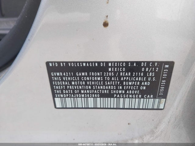 Aukcja sprzedaży 2013 Volkswagen Jetta Se, vin: 3VWDP7AJ9DM362860, numer aukcji: 44759711