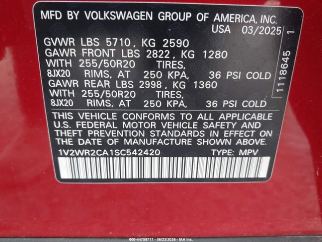 44759717 :رقم المزاد ، 1V2WR2CA1SC542420 vin ، 2025 Volkswagen Atlas 2.0t Se W/technology مزاد بيع