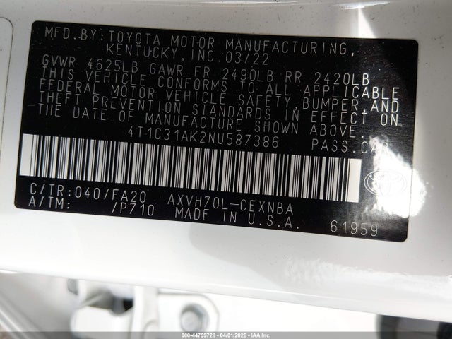 44759728 :رقم المزاد ، 4T1C31AK2NU587386 vin ، 2022 Toyota Camry Le Hybrid مزاد بيع