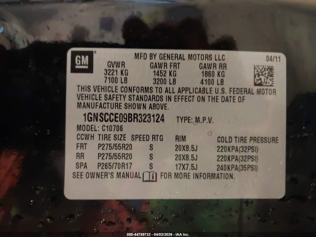 44759732 :رقم المزاد ، 1GNSCCE09BR323124 vin ، 2011 Chevrolet Tahoe Ltz مزاد بيع