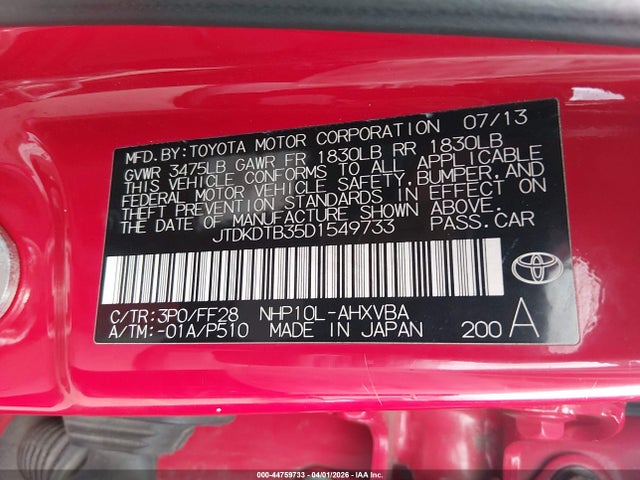 44759733 :رقم المزاد ، JTDKDTB35D1549733 vin ، 2013 Toyota Prius C Two مزاد بيع