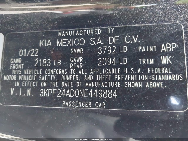 44759737 :رقم المزاد ، 3KPF24AD0NE449884 vin ، 2022 Kia Forte Lxs مزاد بيع