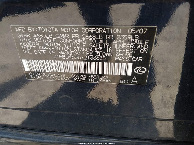 44759743 :رقم المزاد ، JTHBJ46G672133635 vin ، 2007 Lexus Es 350 مزاد بيع
