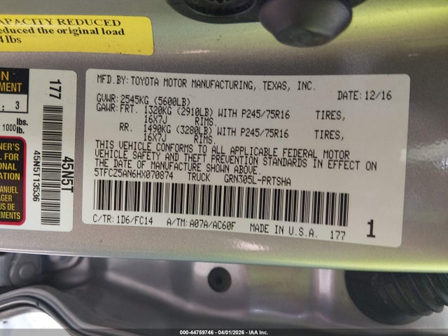 2017 Toyota Tacoma Sr5 V6 მანქანა იყიდება აუქციონზე, vin: 5TFCZ5AN6HX070874, აუქციონის ნომერი: 44759746