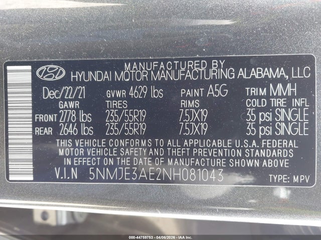 2022 Hyundai Tucson Limited მანქანა იყიდება აუქციონზე, vin: 5NMJE3AE2NH081043, აუქციონის ნომერი: 44759753