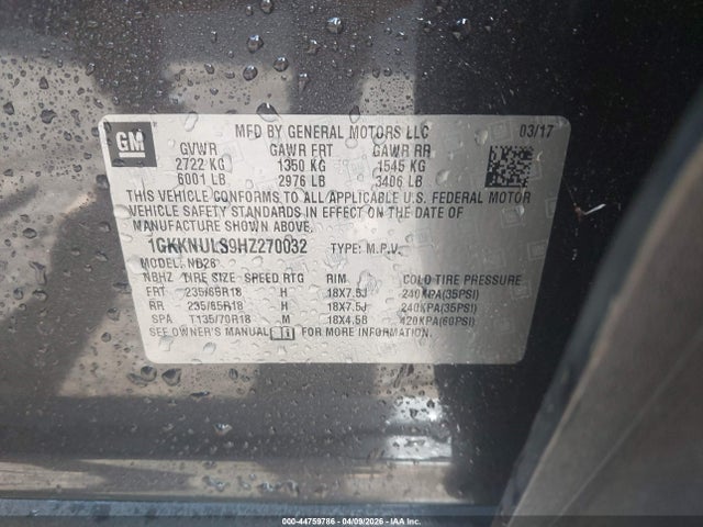 Aukcja sprzedaży 2017 Gmc Acadia Slt-1, vin: 1GKKNULS9HZ270032, numer aukcji: 44759786