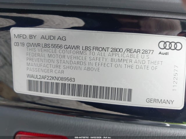 Aukcja sprzedaży 2019 Audi A6 55 Premium, vin: WAUL2AF22KN089563, numer aukcji: 44759792