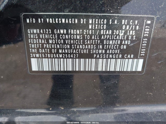 44759808 :رقم المزاد ، 3VWE57BU5KM250427 vin ، 2019 Volkswagen Jetta 1.4t Sel مزاد بيع