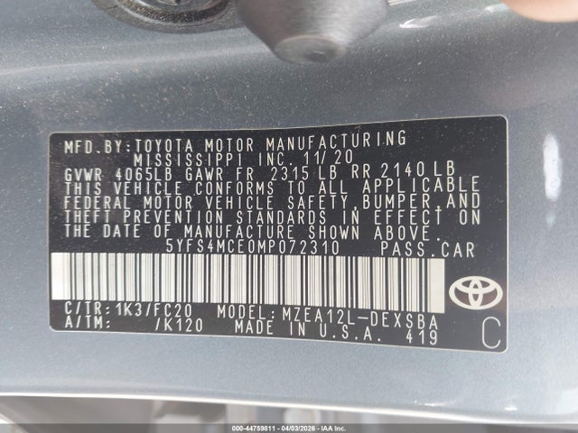 Продаж на аукціоні авто 2021 Toyota Corolla Se, vin: 5YFS4MCE0MP072310, номер лоту: 44759811