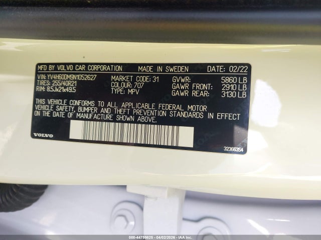 2022 Volvo Xc60 Recharge Plug-in Hybrid T8 R-design Extended Range მანქანა იყიდება აუქციონზე, vin: YV4H60DM9N1052627, აუქციონის ნომერი: 44759825