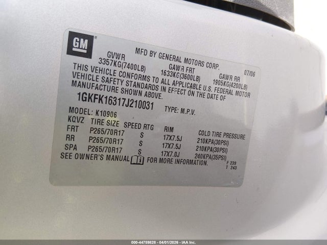 44759828 :رقم المزاد ، 1GKFK16317J210031 vin ، 2007 Gmc Yukon Xl 1500 Sle مزاد بيع