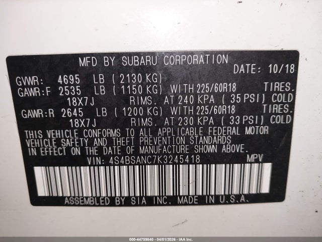 Aukcja sprzedaży 2019 Subaru Outback 2.5i Limited, vin: 4S4BSANC7K3245418, numer aukcji: 44759840