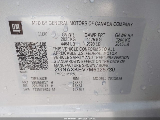 Aukcja sprzedaży 2021 Chevrolet Equinox Fwd Lt, vin: 2GNAXKEV7M6125730, numer aukcji: 44759851