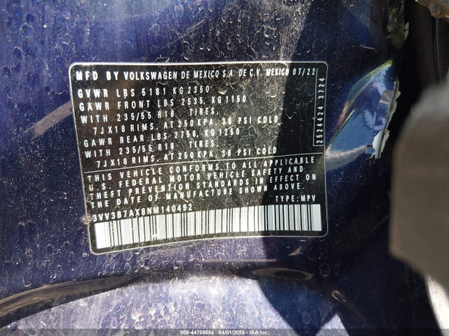 44759854 :رقم المزاد ، 3VV3B7AX8NM140492 vin ، 2022 Volkswagen Tiguan 2.0t Se مزاد بيع