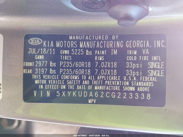 Продаж на аукціоні авто 2012 Kia Sorento Ex, vin: 5XYKUDA62CG223338, номер лоту: 44759857