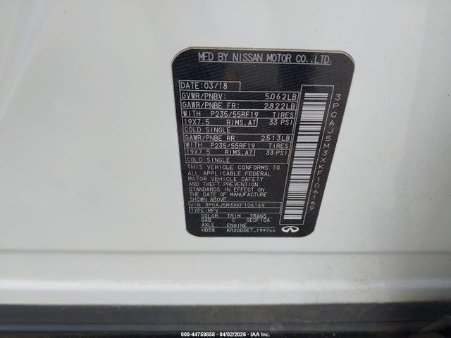 2019 Infiniti Qx50 Essential მანქანა იყიდება აუქციონზე, vin: 3PCAJ5M3XKF106169, აუქციონის ნომერი: 44759858