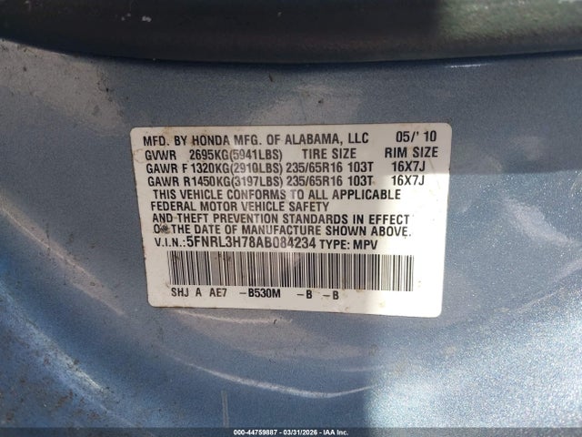 Продажа на аукционе авто 2010 Honda Odyssey Ex-l, vin: 5FNRL3H78AB084234, номер лота: 44759887