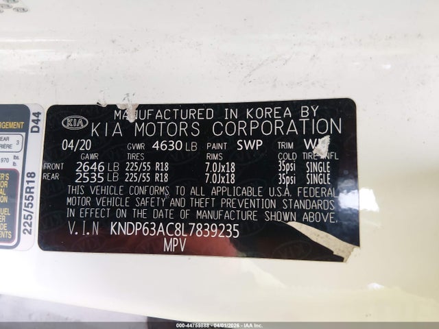 2020 Kia Sportage S მანქანა იყიდება აუქციონზე, vin: KNDP63AC8L7839235, აუქციონის ნომერი: 44759888