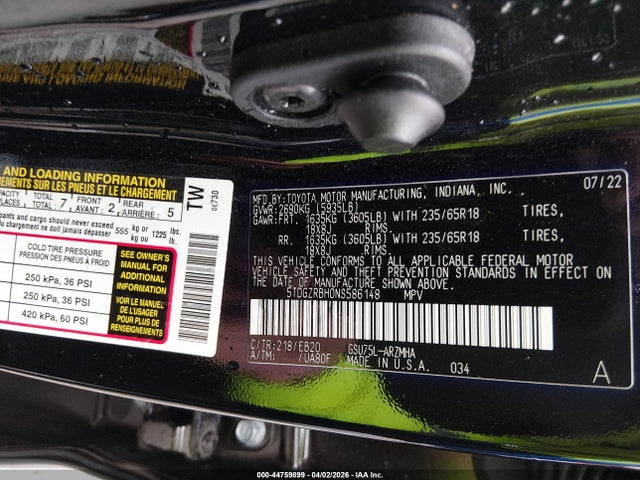 Продажа на аукционе авто 2022 Toyota Highlander Xle, vin: 5TDGZRBH0NS586148, номер лота: 44759899