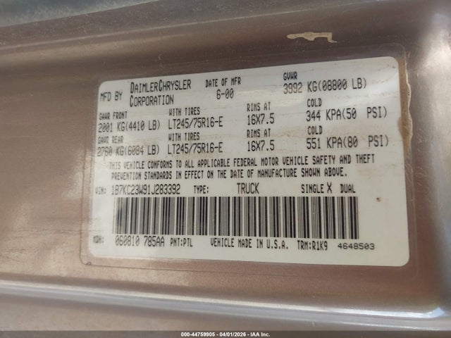 Auction sale of the 2001 Dodge Ram 2500 St, vin: 1B7KC23W91J283392, lot number: 44759905