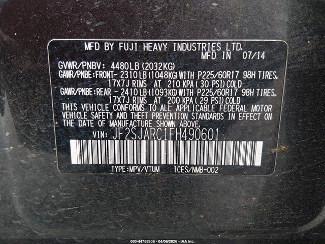 44759906 :رقم المزاد ، JF2SJARC1FH490601 vin ، 2015 Subaru Forester 2.5i Limited مزاد بيع