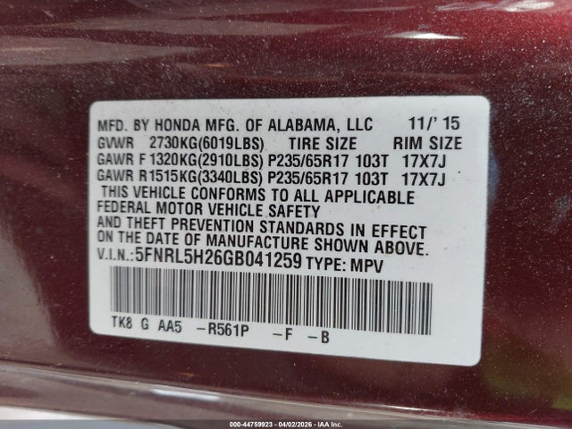 5FNRL5H26GB041259 Honda ODYSSEY LX