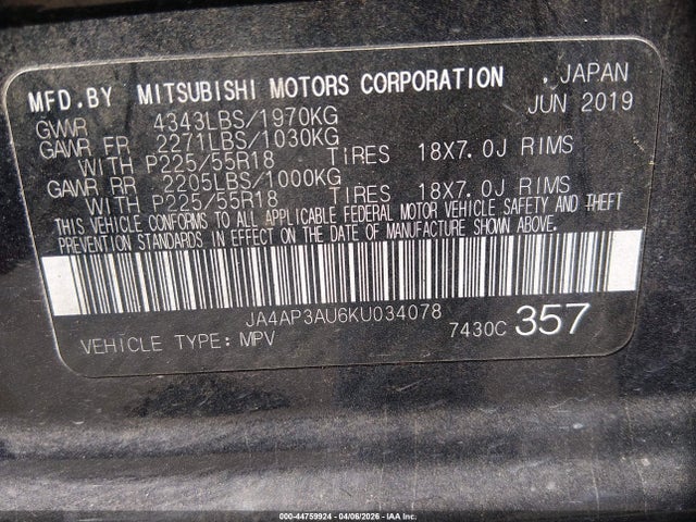 Продаж на аукціоні авто 2019 Mitsubishi Outlander Sport 2.0 Es, vin: JA4AP3AU6KU034078, номер лоту: 44759924