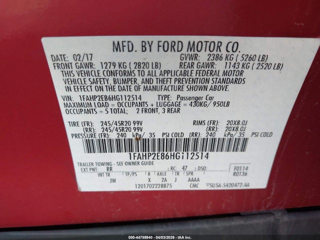 44759940 :رقم المزاد ، 1FAHP2E86HG112514 vin ، 2017 Ford Taurus Sel مزاد بيع