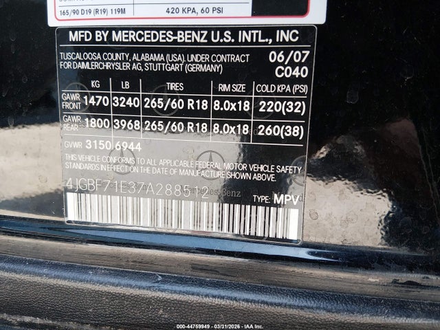 44759949 :رقم المزاد ، 4JGBF71E37A288512 vin ، 2007 Mercedes-benz Gl 450 4matic مزاد بيع