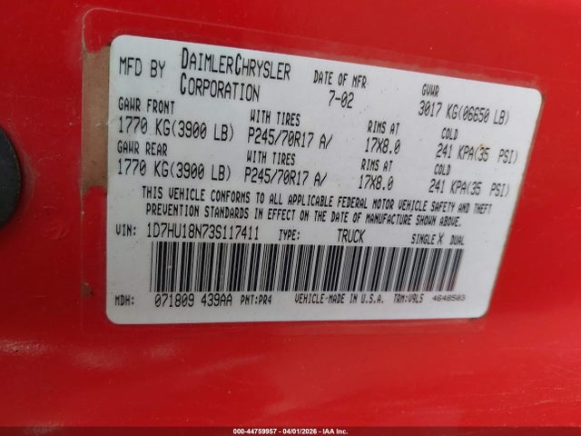 44759957 :رقم المزاد ، 1D7HU18N73S117411 vin ، 2003 Dodge Ram 1500 Slt/laramie/st مزاد بيع