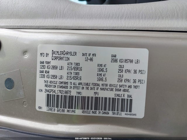 Продаж на аукціоні авто 2007 Chrysler Town & Country Touring, vin: 2A4GP54L17R210872, номер лоту: 44759970