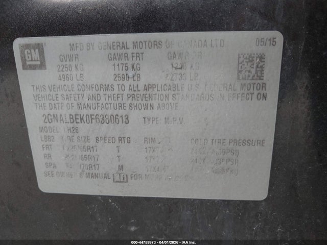 44759973 :رقم المزاد ، 2GNALBEK0F6380613 vin ، 2015 Chevrolet Equinox 1lt مزاد بيع