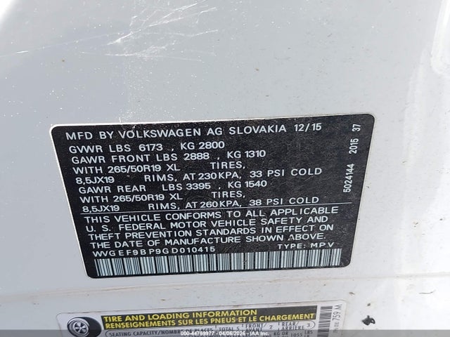 2016 VOLKSWAGEN TOUAREG WVGEF9BP9GD010415 Photo 8