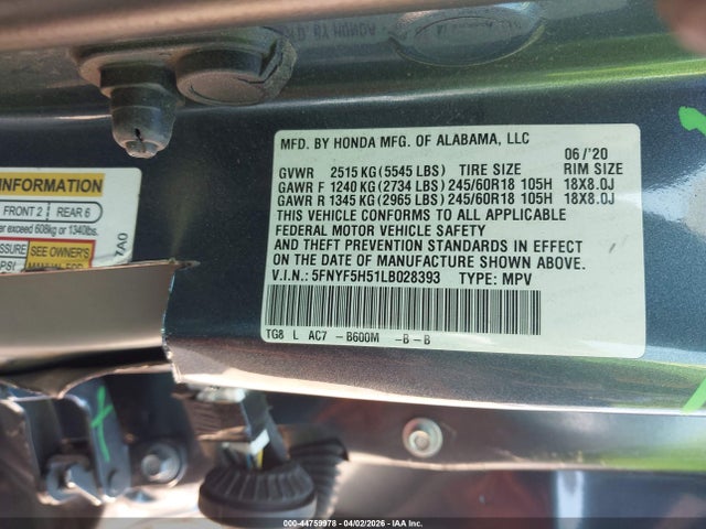 Продаж на аукціоні авто 2020 Honda Pilot 2wd Ex-l, vin: 5FNYF5H51LB028393, номер лоту: 44759978