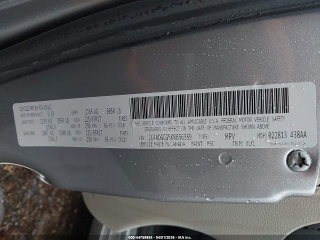 2019 Dodge Grand Caravan Sxt მანქანა იყიდება აუქციონზე, vin: 2C4RDGCG5KR656359, აუქციონის ნომერი: 44759984