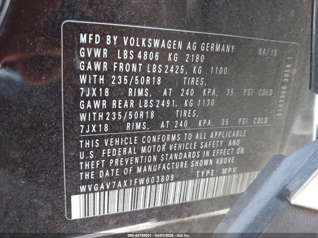 2015 Volkswagen Tiguan Se მანქანა იყიდება აუქციონზე, vin: WVGAV7AX1FW603809, აუქციონის ნომერი: 44760001