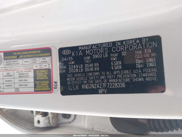 2015 Kia Soul მანქანა იყიდება აუქციონზე, vin: KNDJN2A27F7228336, აუქციონის ნომერი: 44760054