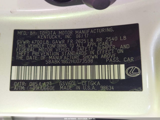 44760055 :رقم المزاد ، 58ABK1GG2HU073598 vin ، 2017 Lexus Es 350 مزاد بيع