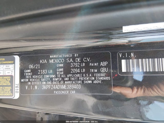 Продажа на аукционе авто 2021 Kia Forte Lxs, vin: 3KPF24ADXME389403, номер лота: 44760065