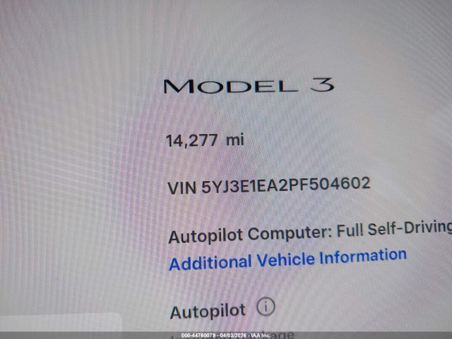 44760079 :رقم المزاد ، 5YJ3E1EA2PF504602 vin ، 2023 Tesla Model 3 Rear-wheel Drive مزاد بيع