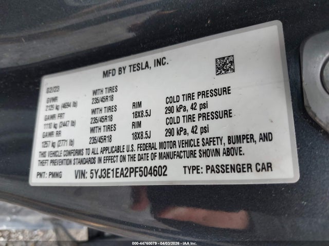 44760079 :رقم المزاد ، 5YJ3E1EA2PF504602 vin ، 2023 Tesla Model 3 Rear-wheel Drive مزاد بيع